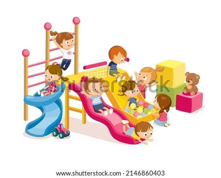 Children playing, hanging out, having fun, doing physical activity  in fine good mood, on playroom, playground, going down slide, hanging on ladder. Vector illustration. Flat design.