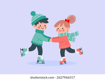 Children are playing happily and joyfully ice skating on ice rink outdoors, holding hands. Doodle, icon, image, card, pictogram, sticker, flyer, banner. Winter sport activities and healthy lifestyle