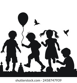 Children playing, happy children's day silhouette isolated on a white background