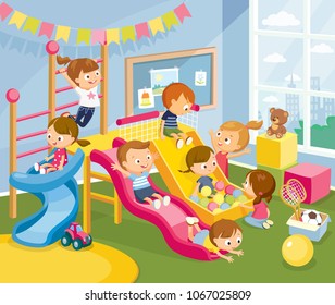 Children  playing having fun, fooling around in fine good mood, on playroom, playground go down slide, hanging on ladder. Vector illustration. Flat design.