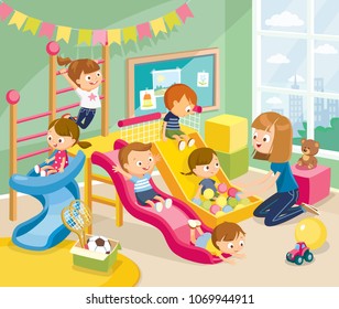 Children  playing having fun, fooling around in fine good mood, on playroom, playground go down slide, hanging on ladder. Vector illustration. Flat design.