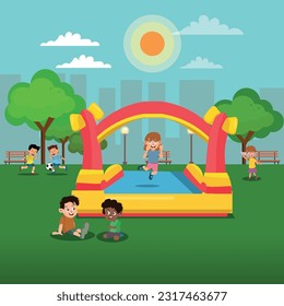 Children playing and having fun in a park, boys and girls enjoying summer vacation. Vector illustration.