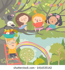 Children playing and having fun in the tree