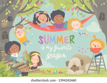 Children playing and having fun in the treehouse