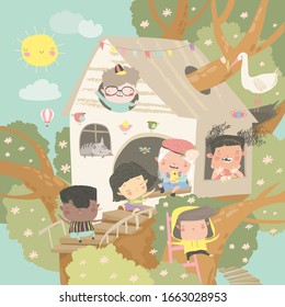 Niños jugando y divirtiéndose en la casa del tesoro