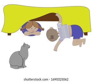 Children are playing hide and seek. Boy is seeking and a girl is hiding under the bed. Their cat is watching. 
