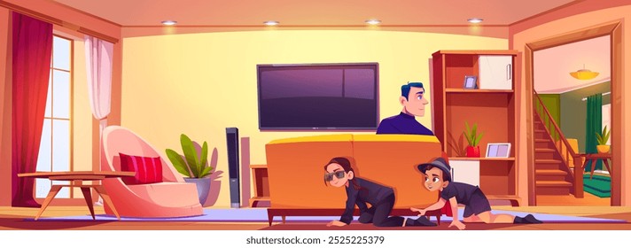 Children playing hide and seek with father in living room. Vector cartoon illustration of teen girl and boy in black spy suits crawling on floor, man sitting on couch in front of TV, family fun home