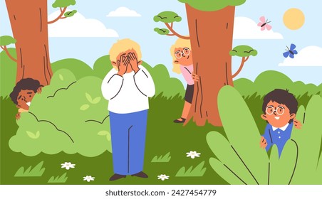 Children playing hide and seek in the forest or on the playground, cartoon flat vector illustration. Hide and seek and other outdoor active games for kids.