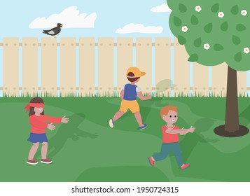 Children playing hide and seek game in the garden vector illustration.