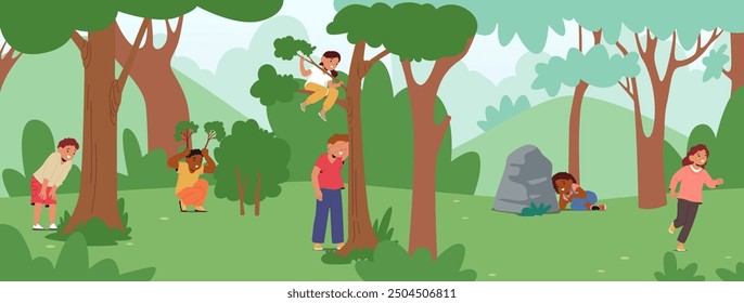 Children Playing Hide And Seek In A Green Forest. Happy Kids Are Hiding Behind Trees And Bushes As They Enjoy A Fun Outdoor Game. Cartoon Vector Image Evokes Childhood Joy, Outdoors, And Friendship