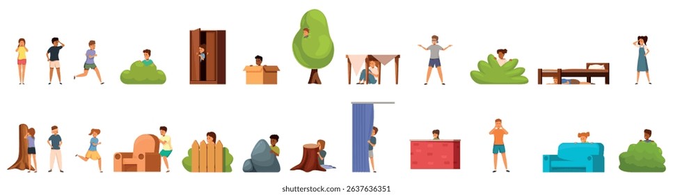 Children playing hide seek icons set. Kids having fun playing hide and seek game, hiding behind different objects, trees, bushes, and furniture