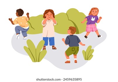 Children playing hide and seek. Kids having fun outdoors. Friends in summer playtime. Happy boys, girls during leisure activity time in nature. Flat vector illustration isolated on white background