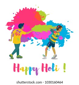 Children playing holi .Happy holi festival greeting card and vector design. Colorful illustration cartoon flat style with spashes of paints.