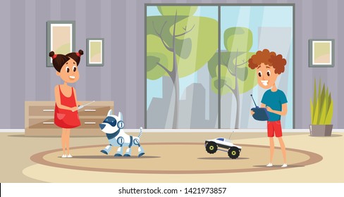 Children playing at home flat vector illustration. Happy girl and boy holding controllers cartoon characters. Smiling children with remote control car, robot pet. High tech entertainment, childhood