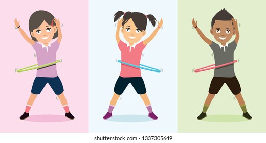 Children Playing Hoop Dancing With Happy Face Vector Illustration