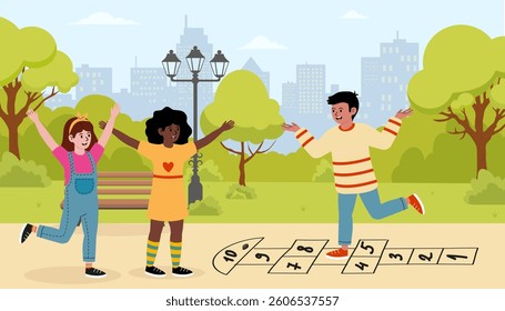 Children playing hopscotch in a city park during a sunny day