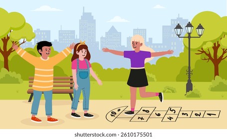 Children playing hopscotch in a city park on a sunny day