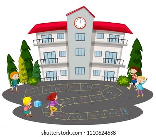 Children playing hopscotch in front of a school illustration