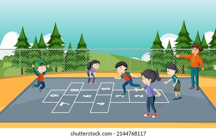 Children playing hopscotch game at the park illustration