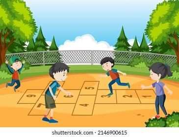 Children playing hopscotch game at the park illustration