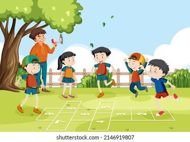 Children playing hopscotch game at the park illustration