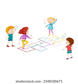 Children playing hopscotch game vector Illustration on a white background