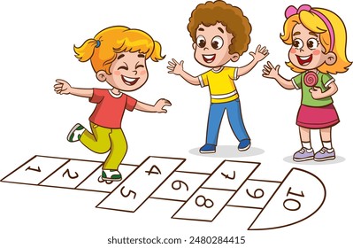 Children playing hopscotch game vector Illustration on a white background