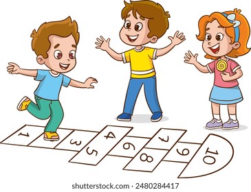 Children playing hopscotch game vector Illustration on a white background