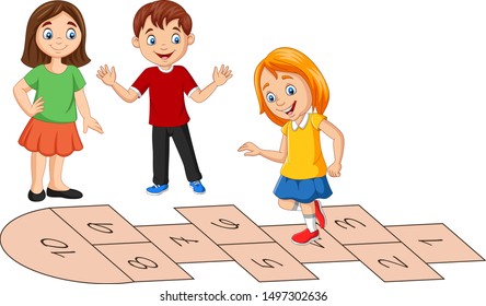 Children playing hopscotch on white background