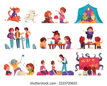 Children playing horror stories cartoon icons set isolated vector illustration