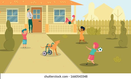 Children Playing at House Backyard, Father Watching Kids Flat Cartoon Vector Illustration. Girl with Leg Prosthesis Throwing Ball to Kids, Dog with Wheels instead Back Legs. Cheerful Children.