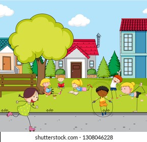 Children playing at the house field illustration