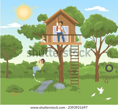 Children playing in house on tree at backyard garden vector illustration. Two little boy brothers or friends cartoon character fooling around having fun during outdoors adventures on summer vacation