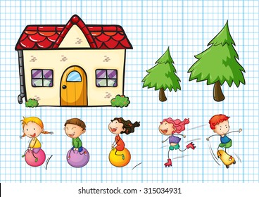 Children playing and house set illustration