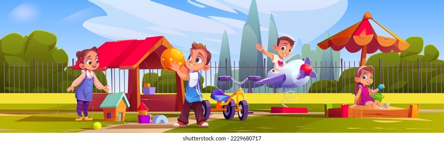 Niños jugando en el patio de la casa, niños y niñas sentados en una caja de arena con juguetes jugando en cabaña de madera y columpios de avión. Diversión al aire libre para niños, recreación de verano de amigos, ilustración del vector de dibujos animados