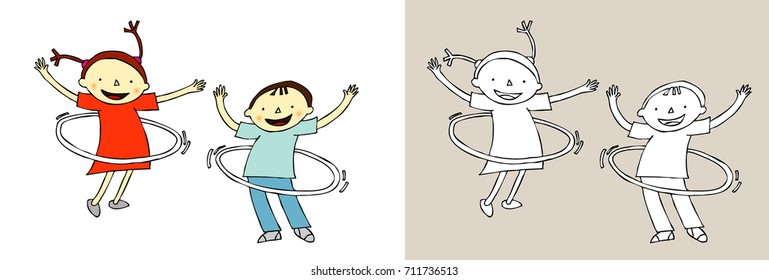 Children playing hula hoops.