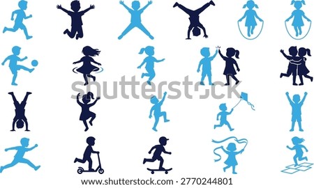 Children playing icons: running, jumping, sports, outdoor activities, fun, on white.