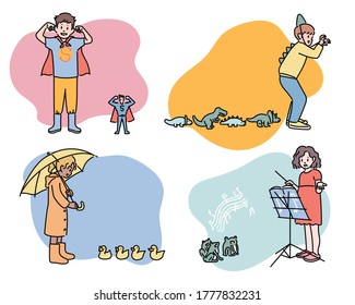 Children Are Playing With Imaginary Friends. Hand Drawn Style Vector Design Illustrations. 