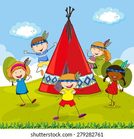 Children playing indians around red teepee