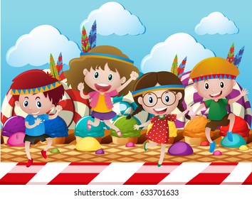 Children playing indians in candy world illustration