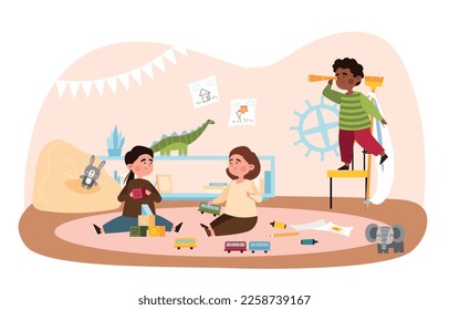 Children playing indoor. Boy and girl with toys have rest and have fun. Sister and brother. Poster or banner for website. Leisure and hobby, home or kindergarten. Cartoon flat vector illustration