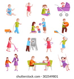 Children Playing Indoors And Outside Flat Characters Set Isolated Vector Illustration