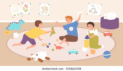 Children playing indoors with toys. Boys sitting together on carpet in playroom at home or kindergarten together. Colorful flat vector illustration