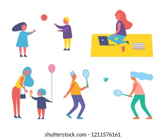 Children playing with inflatable ball isolated icons set. Woman working as freelance worker sitting on blanket with laptop and books, coffee vector