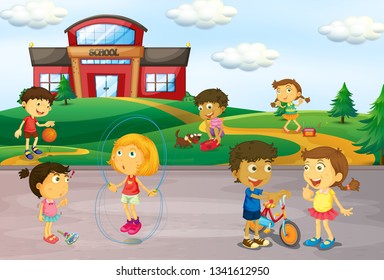 Children playing infront of school illustration