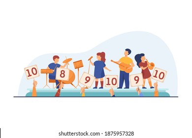 Children playing instrument and singing before jury. Signs with scores, performance, stage flat vector illustration. Talent show, competition concept for banner, website design or landing web page