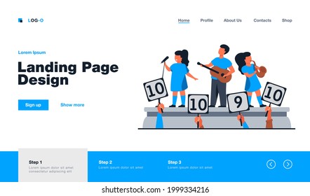 Children playing instrument and singing before jury. Signs with scores, performance, stage flat vector illustration. Talent show, competition concept for banner, website design or landing web page