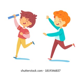 Children playing isolated illustration. Happy cute boys running and laughing. Education vector illustration. Playful fun time.