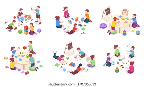 Children playing, isometric elements, kindergarten education and leisure activity. Children playing toys, music instruments and alphabet cubes, reading books and painting, isometric illustration set