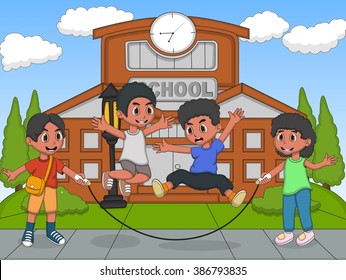 Children playing jumping rope in front of their school cartoon vector illustration